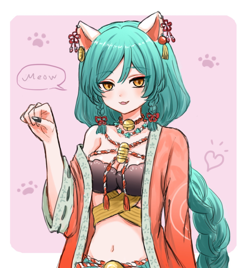 1girl :3 animal_ears aqua_hair arm_at_side bell bikini bikini_top_only black_bikini black_nails border braided_sidelocks breasts cat_ears cleavage coat commentary double-parted_bangs fangs hair_between_eyes hand_up heart highres indie_virtual_youtuber jingle_bell long_hair long_sleeves looking_at_viewer medium_breasts nail_polish navel neck_bell omocat_(character) open_clothes open_coat open_mouth orange_eyes outside_border paw_pose pink_background qq_(oooomoribiglove) red_coat simple_background single_bare_shoulder solo sparkling_eyes stomach swimsuit tri_braids tsurime upper_body very_long_hair virtual_youtuber white_border