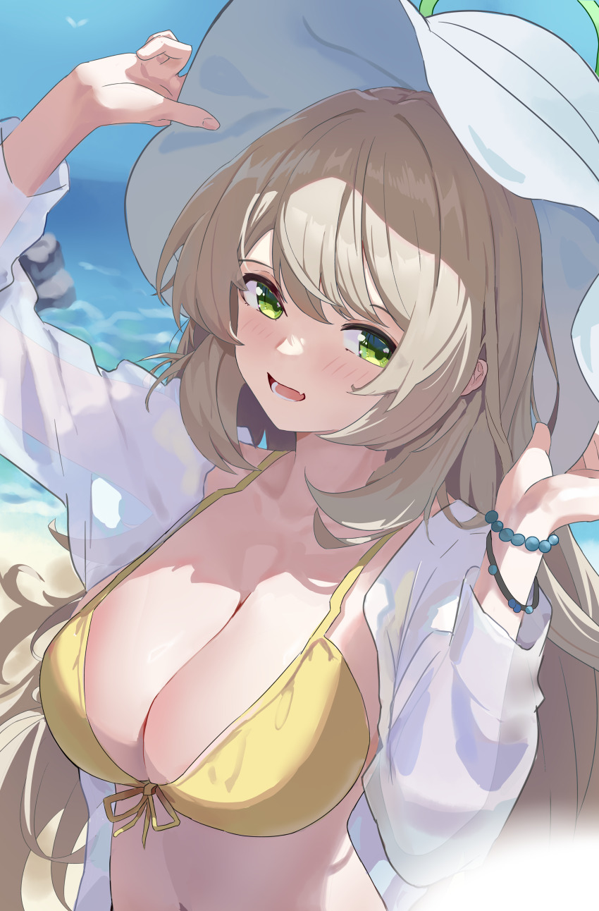 1girl absurdres bead_bracelet beads bikini blue_archive bracelet breasts cleavage front-tie_bikini_top front-tie_top green_eyes green_halo halo hands_up hat highres jacket jewelry large_breasts light_brown_hair looking_at_viewer mixian nonomi_(blue_archive) nonomi_(swimsuit)_(blue_archive) official_alternate_costume see-through_clothes see-through_jacket smile solo string_bikini sun_hat swimsuit white_hat yellow_bikini