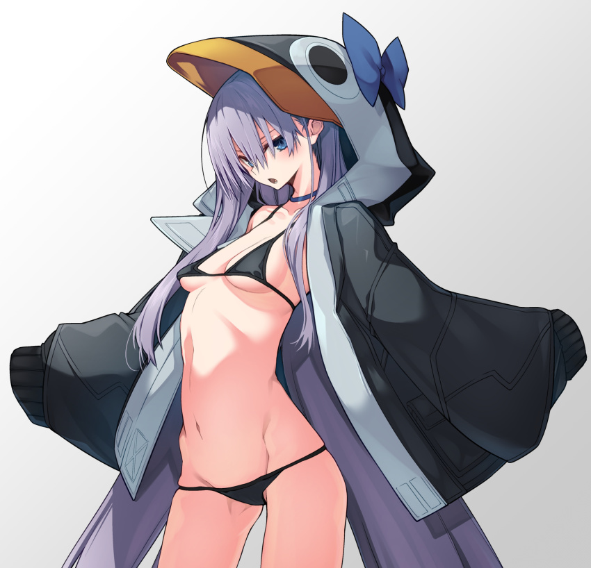 10mo 1girl animal_hood bare_shoulders bikini black_bikini black_jacket blue_bow blue_eyes blush bow breasts choker collarbone fate/grand_order fate_(series) highres hood hood_up jacket long_hair long_sleeves looking_at_viewer meltryllis meltryllis_(fate) meltryllis_(swimsuit_lancer)_(fate) meltryllis_(swimsuit_lancer)_(first_ascension)_(fate) penguin_hood purple_hair sleeves_past_fingers sleeves_past_wrists small_breasts solo swimsuit thighs very_long_hair