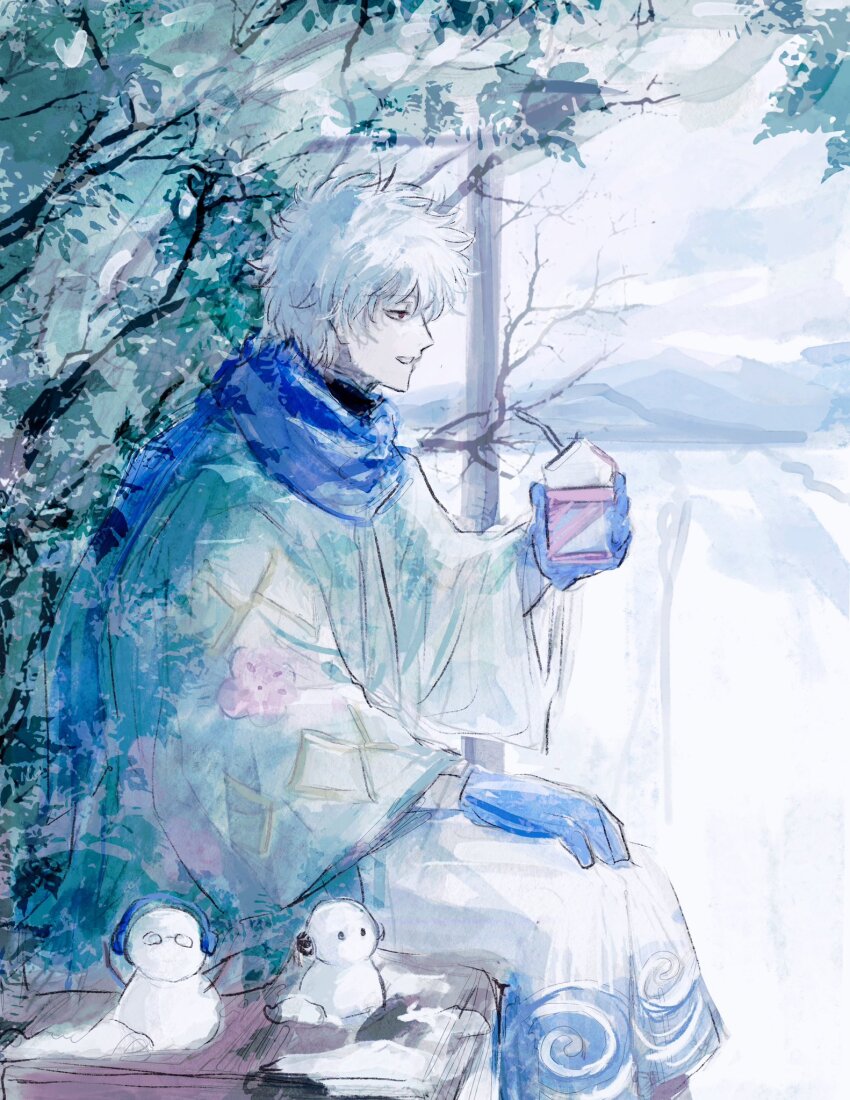 1boy blue_gloves blue_kimono blue_scarf character_snowman food from_side gintama glasses gloves green_kimono headphones highres holding holding_food japanese_clothes kagura_(gintama) kimono lushu_kuye multicolored_kimono red_eyes sakata_gintoki scarf shimura_shinpachi sitting strawberry_milk tree white_hair white_kimono
