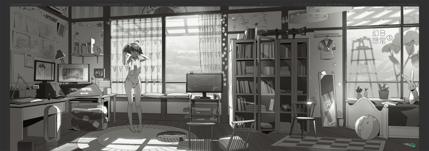 1girl after_bathing ahoge ball barefoot beachball bed black_border bladeless_fan book bookshelf border cabinet chair closed_mouth commentary_request dan_evan desk desk_lamp drawing_tablet female_focus greyscale hair_ornament hair_scrunchie hands_up highres indoors lamp mirror monitor monochrome navel original panties pillow plant poster_(object) pot potted_plant recursion rug school_uniform scrunchie serafuku short_hair side-tie_panties slippers solo spot_color standing stuffed_animal stuffed_rabbit stuffed_toy topless_female towel towel_around_neck twintails underwear unworn_clothes window