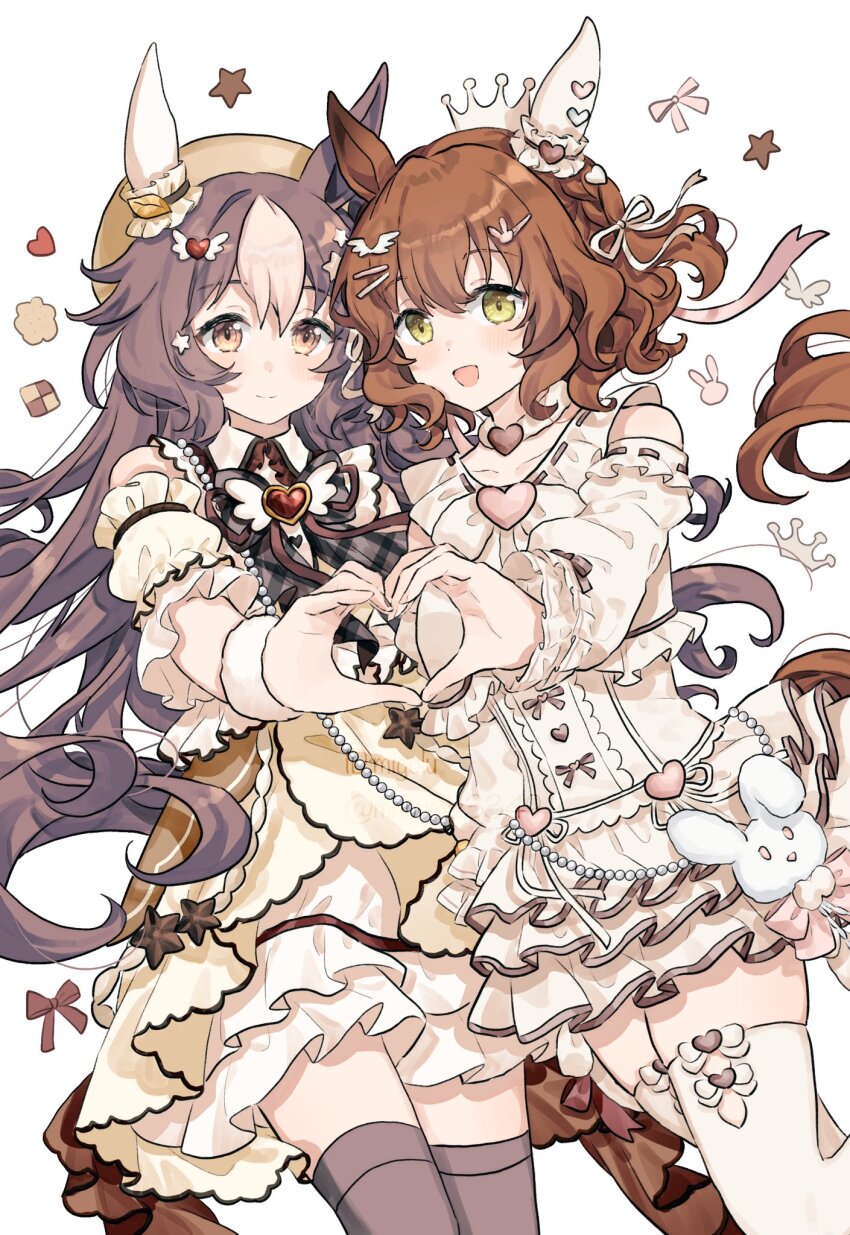 2girls alternate_costume animal_ears aston_machan_(everlasting_candy)_(umamusume) aston_machan_(umamusume) beret breasts brown_hair closed_mouth collarbone dress hair_between_eyes hair_ornament hat heart heart_hands highres horse_ears horse_tail looking_at_viewer medium_breasts migolu multiple_girls open_mouth smile tail thighhighs umamusume white_background yamanin_zephyr_(sugary_wind)_(umamusume) yamanin_zephyr_(umamusume)