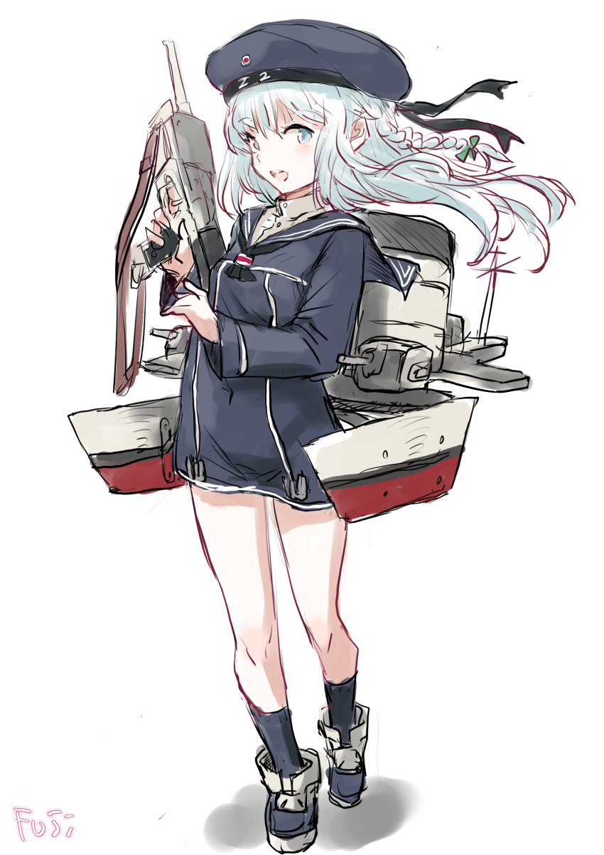 1girl black_dress black_hat black_neckerchief cosplay dress fuji_(pixiv24804665) full_body grey_eyes hat highres kantai_collection long_hair machinery neckerchief original personification sailor_dress sailor_hat smokestack solo white_hair z1_leberecht_maass_(kancolle) z1_leberecht_maass_(kancolle)_(cosplay) z2_georg_thiele_(destroyer)