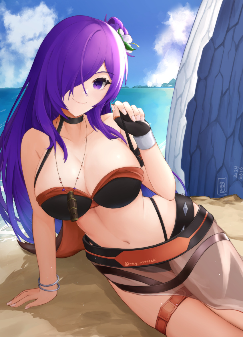 1girl absurdres beach bikini black_bikini breasts cleavage female_shez_(fire_emblem) female_shez_(summer)_(fire_emblem) fingerless_gloves fire_emblem fire_emblem:_three_houses fire_emblem_heroes fire_emblem_warriors:_three_hopes flower gloves hair_flower hair_ornament hair_over_one_eye highres large_breasts long_hair lying navel nintendo ocean official_alternate_costume on_side purple_eyes purple_hair ryuusaki_rei sarong see-through_clothes smile solo swimsuit