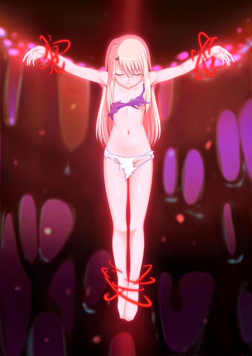 absurdres crucifixion fate/stay_night fate_(series) highres illyasviel_von_einzbern missil_art_(pixiv) restrained stationary_restraints unconscious white_hair