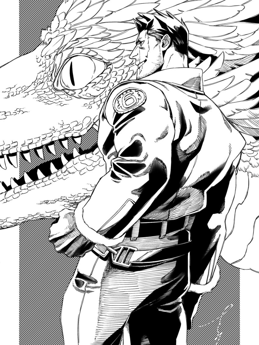 1boy alternate_costume boku_no_hero_academia chinese_zodiac clenched_hand cowboy_shot dragon eastern_dragon endeavor_(boku_no_hero_academia) facial_hair greyscale grin highres jacket male_focus mature_male monochrome muscular muscular_male pants profile sanpaku sashimi_oran scar scar_across_eye scar_on_face short_hair sideburns sideburns_stubble smile solo spiked_hair stubble tsurime year_of_the_dragon