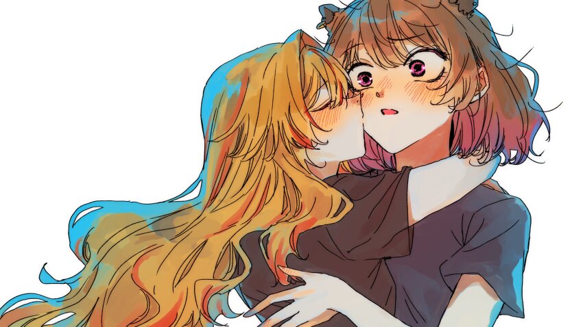 2girls absurdres amaotome animal_ears black_shirt blonde_hair blush brown_hair capybara_ears capybara_girl cheek_kiss closed_eyes commentary double_cheek_kiss gradient_hair highres hug kazami_kuku kiss kissing_cheek long_hair looking_at_another medium_hair multicolored_hair multiple_girls nanashi_inc. open_mouth pink_eyes pink_hair shirt simple_background symbol-only_commentary t-shirt upper_body virtual_youtuber white_background yunohara_izumi yuri