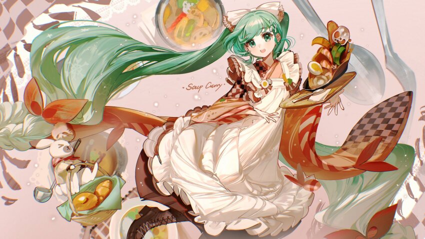 1girl apron boots bread brown_boots curry english_text food green_hair hatsune_miku highres lace-up_boots rumoon soup spoon vocaloid
