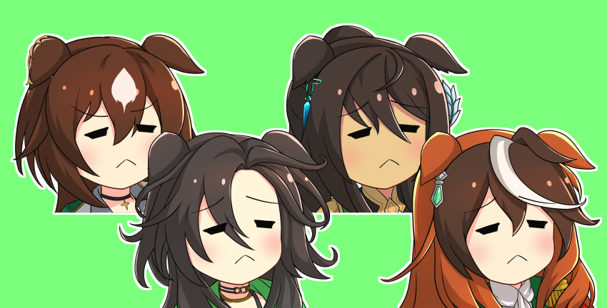 4girls :&lt; =_= animal_ears brown_hair dark-skinned_female dark_skin earrings green_background hair_between_eyes highres horse_ears horse_girl jewelry long_hair meme meso_(zgmf-xv) multicolored_hair multiple_girls open_mouth school_uniform simple_background single_earring sirius_symboli_(umamusume) speed_symboli_(umamusume) streaked_hair symboli_kris_s_(umamusume) symboli_rudolf_(umamusume) tracen_school_uniform umamusume umamusume_tanuki white_hair