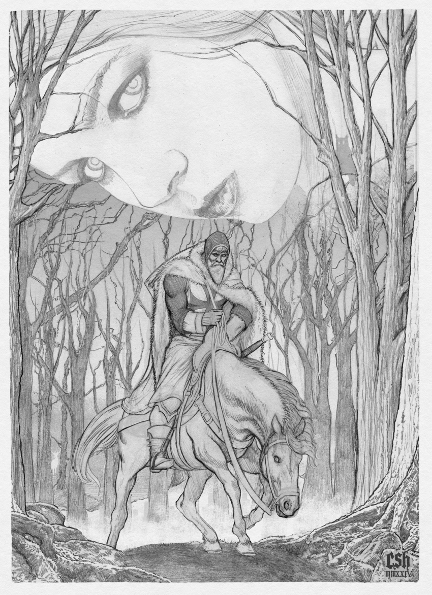 1boy 1girl aphrodite_(mythology) armor artist_name beard cape chainmail christian_sloan_hall facial_hair forest full_beard fur_cape giant giantess graphite_(medium) heinrich_von_ofterdingen_(tannhauser) highres holding holding_reins hood hood_up horseback_riding initial knight long_hair monochrome nature reins riding roman_numeral saddle short_hair tannhauser_(opera) traditional_media