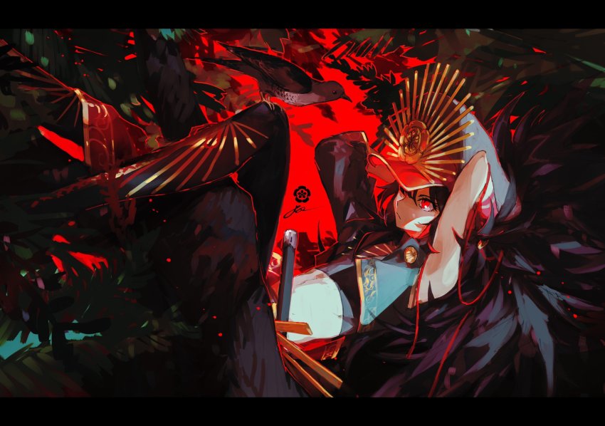1boy arms_behind_head bird bird_on_leg black_boots black_hair black_hat black_pants black_shirt boots closed_mouth crop_top domu_(hamadura) fate/grand_order fate_(series) feet_out_of_frame hat highres letterboxed long_hair male_focus midriff oda_kippoushi_(fate) oda_nobunaga_(fate) oda_uri pants peaked_cap red_background red_eyes shirt single_sleeve solo sword tree weapon