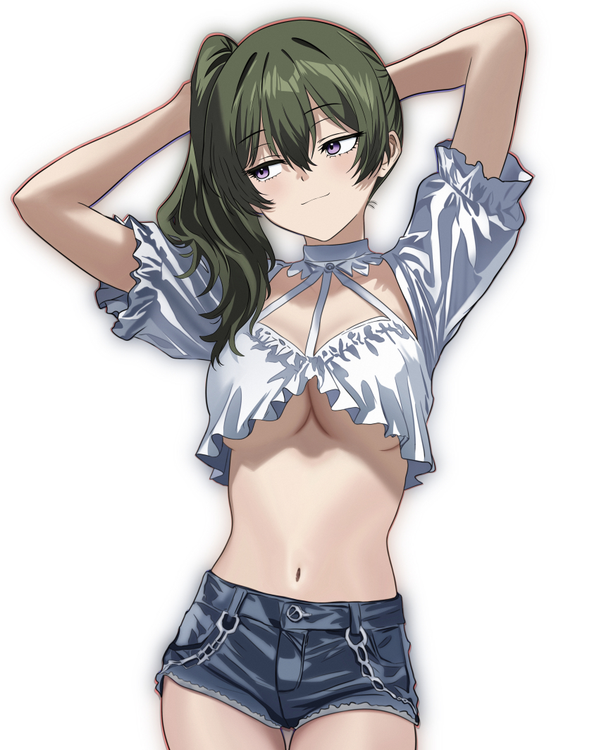 1girl absurdres arms_behind_head blue_shorts breasts cleavage closed_mouth clothing_cutout commentary commentary_request contemporary cowboy_shot crop_top dated_commentary denim denim_shorts double-parted_bangs english_commentary facing_viewer frilled_shirt frills green_hair hair_between_eyes hair_over_shoulder hands_up highres jmx_(j_m_x) large_breasts light_blush light_smile long_bangs long_hair micro_shorts mixed-language_commentary navel purple_eyes shirt short_sleeves shorts side_ponytail sideways_glance simple_background solo sousou_no_frieren standing stomach ubel_(sousou_no_frieren) underboob wallet_chain white_background white_shirt