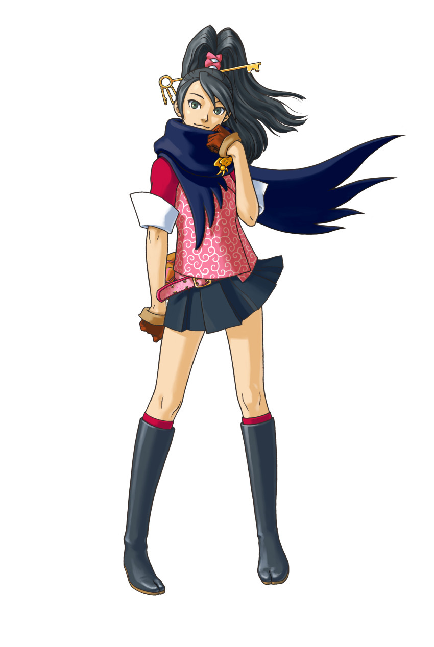 1girl :3 absurdres ace_attorney ace_attorney_investigations ace_attorney_investigations:_miles_edgeworth arm_at_side bad_link belt belt_buckle black_boots black_hair boots brooch brown_gloves buckle capcom gloves green_eyes hair_ornament head_tilt high_ponytail highres jewelry jika-tabi karakusa_(pattern) kay_faraday key legs legs_apart long_hair long_legs miniskirt official_art pigeon-toed pink_belt pleated_skirt ponytail scarf second-party_source simple_background skirt sleeve_cuffs sleeves_rolled_up smile solo standing tachi-e thighs transparent_background wavy_hair white_sleeve_cuffs wind
