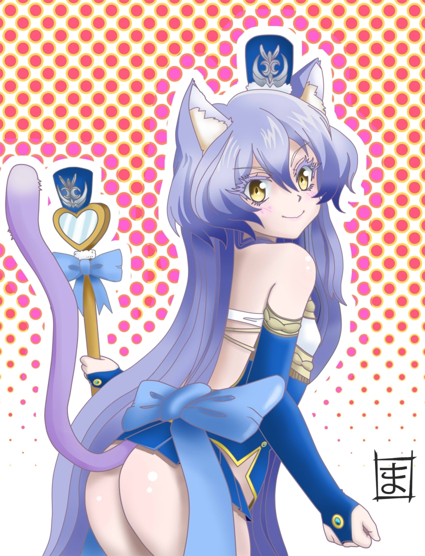 1girl animal_ear_fluff animal_ears artist_logo ass blue_dress blue_hair blue_ribbon blush bottomless breasts cat_ears closed_mouth detached_sleeves dress from_side hair_between_eyes hat heart_wand highres lips logo long_hair looking_at_viewer m-qubee magical_girl mini_hat polka_dot polka_dot_background ribbon sentai_red_ga_isekai_de_boukensha_ni_naru small_breasts smile solo teltina_liz_wagrel_alvarost thick_eyelashes very_long_hair waist_ribbon yellow_eyes