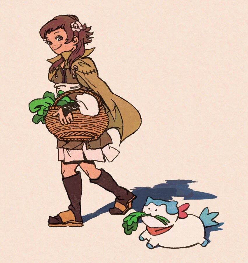 1boy 1girl basket brown_eyes brown_hair collared_cloak fire_emblem fire_emblem_engage fire_emblem_fates flower food freckles hair_flower hair_ornament high_collar highres holding holding_food holding_vegetable hypsclera mozu_(fire_emblem) nintendo sandals sommie_(fire_emblem) vegetable wrist_guards