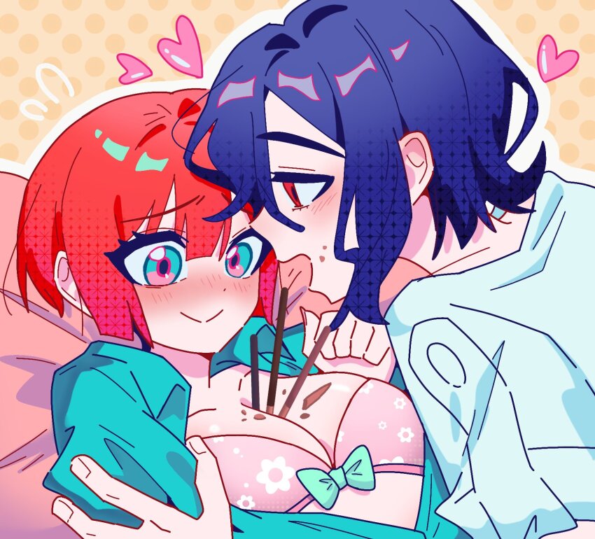 1boy 1girl amate_yuzuriha aqua_eyes between_breasts blue_hair blush bra breasts closed_mouth collared_shirt colored_inner_hair couple eating food food_between_breasts gundam gundam_gquuuuuux heart hetero highres long_sleeves multicolored_hair nut87501 open_mouth pocky purple_hair red_eyes red_hair ribbon school_uniform shirt short_hair shuji_ito smile two-tone_hair underwear white_shirt