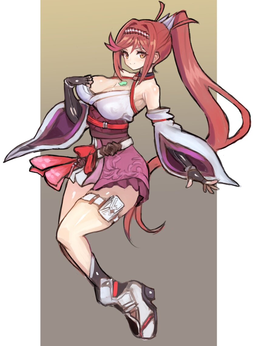 1girl bare_shoulders breasts brown_eyes brown_hair cleavage dakusuta full_body glimmer_(xenoblade) gradient_background high_ponytail highres japanese_clothes kimono large_breasts long_hair ponytail purple_skirt simple_background skirt solo white_kimono xenoblade_chronicles_(series) xenoblade_chronicles_3