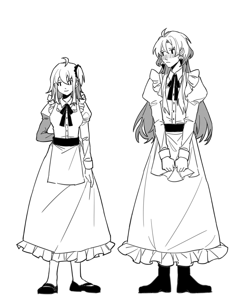 1boy 1girl :&lt; absurdres ahoge apron apron_tug arm_behind_back blush boots closed_mouth collared_dress commentary constantine_xi_(fate) crossdressing curtained_hair dress earrings embarrassed fate/grand_order fate_(series) frilled_dress frills fujimaru_ritsuka_(female) full_body greyscale hair_between_eyes hair_ornament hair_scrunchie height_difference highres jewelry jing84672940 juliet_sleeves long_dress long_hair long_sleeves looking_at_viewer looking_to_the_side maid_apron mary_janes matching_outfits medium_hair monochrome neck_ribbon one_side_up puffy_sleeves ribbon scrunchie shoes side-by-side simple_background skirt_hold sleeve_cuffs smile standing symbol-only_commentary white_background |_|