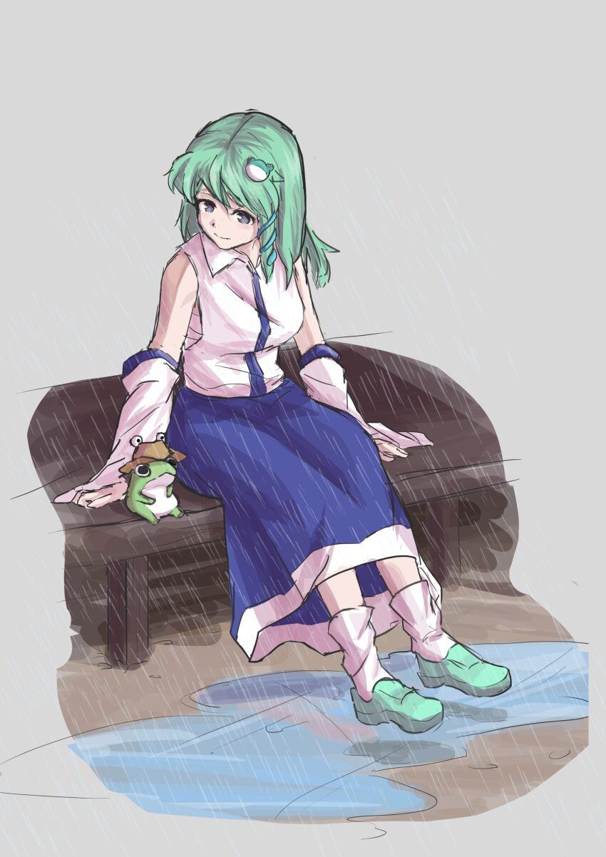 1girl absurdres animal aqua_shoes bare_shoulders bench blue_eyes blue_skirt collared_shirt detached_sleeves frog frog_hair_ornament green_hair hair_intakes hair_ornament highres kochiya_sanae kram_(user_peaw5424) moriya_suwako moriya_suwako_(frog) puddle pyonta rain sarashi shirt shoes sitting skirt smile snake_hair_ornament socks touhou