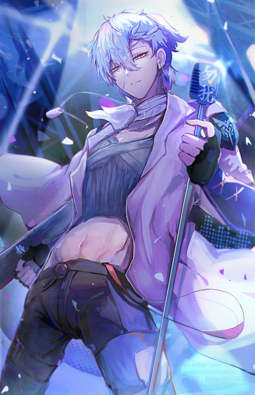 1boy abs absurdres alternate_costume black_gloves black_pants chinese_commentary commentary cowboy_shot crop_top cross cross_earrings dog_tags earrings fingerless_gloves gloves hair_between_eyes half-closed_eyes highres holding holding_microphone_stand idol jewelry lofter_username male_focus messy_hair microphone_stand midriff niarss open_clothes open_shirt pants pixiv_id punishing:_gray_raven shirt short_hair solo stage stage_lights wanshi_(pgr) watermark weibo_watermark white_hair white_shirt yellow_eyes