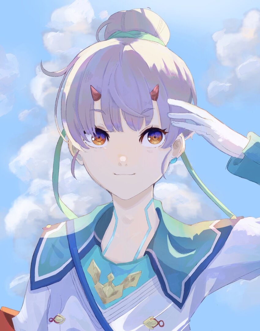 1girl absurdres closed_mouth commentary day fiona_(xenoblade) glassschicken gloves glowing_lines hair_bun highres horns long_sleeves looking_to_the_side orange_eyes outdoors portrait smile solo white_gloves xenoblade_chronicles_(series) xenoblade_chronicles_3