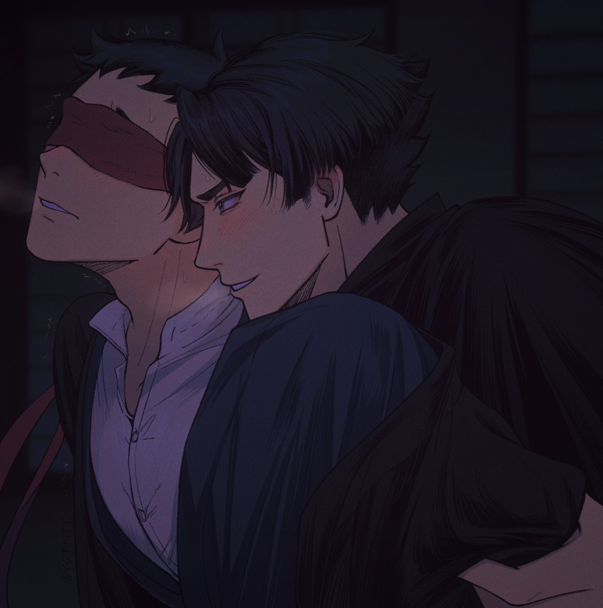 2boys ^^^ ace_attorney black_background black_eyes black_hair black_jacket blindfold blush buttons chinese_commentary commentary_request dark grabbing_another&#039;s_arm grin highres jacket kaze_(yznyttdgs) kazuma_asogi male_focus multiple_boys open_collar red_blindfold ryunosuke_naruhodo shirt short_hair smile sweat the_great_ace_attorney white_shirt yaoi