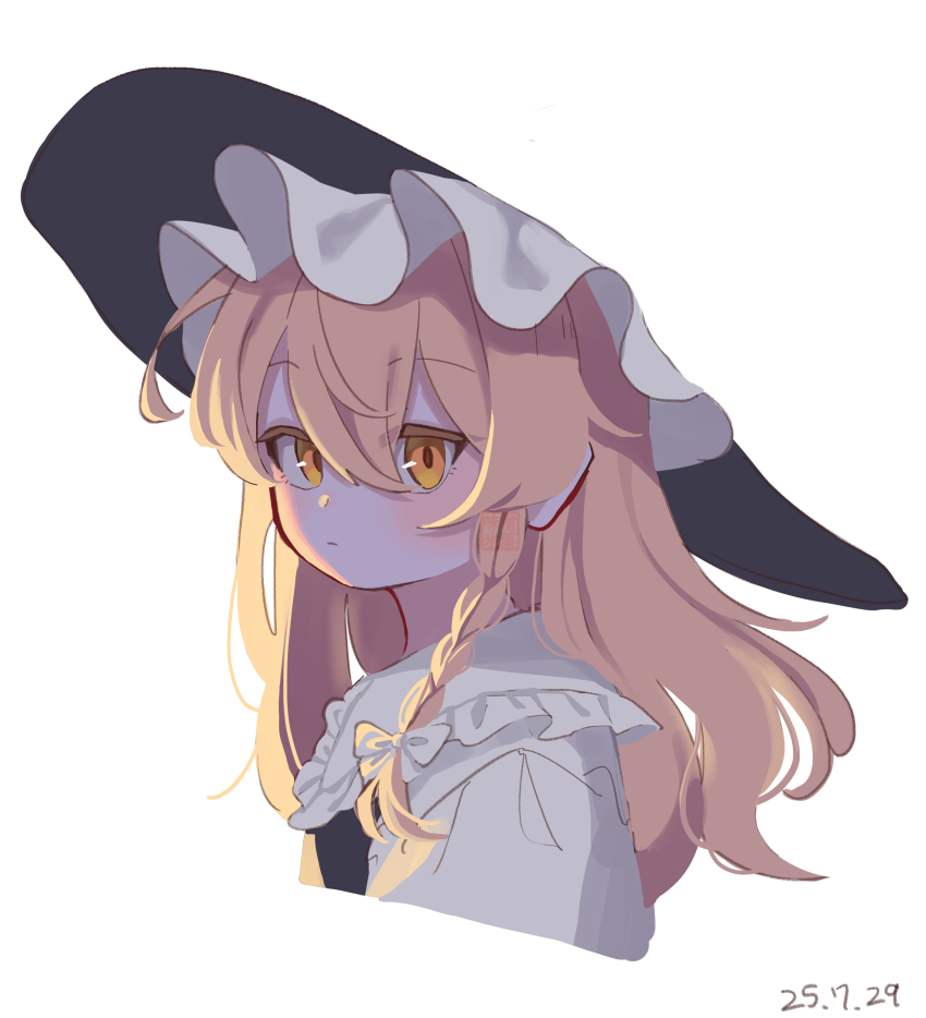 1girl absurdres black_vest blending blush bow braid closed_mouth collared_shirt commentary_request cropped_shirt dated hair_between_eyes hair_bow hat highres kirisame_marisa long_hair looking_at_viewer misoice_ramen shirt side_braid simple_background single_braid solo touhou vest white_background white_bow white_shirt yellow_eyes