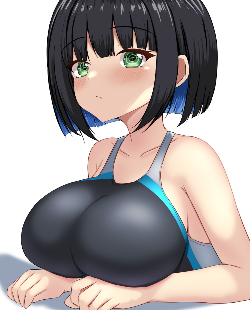 bare_arms black_hair black_one-piece_swimsuit blue_hair blunt_bangs blush bob_cut breasts closed_mouth collarbone colored_inner_hair commentary_request competition_swimsuit dolphin_wave eines_(dolphin_wave) green_eyes highres large_breasts montemasa multicolored_hair one-piece_swimsuit short_hair simple_background swimsuit upper_body white_background