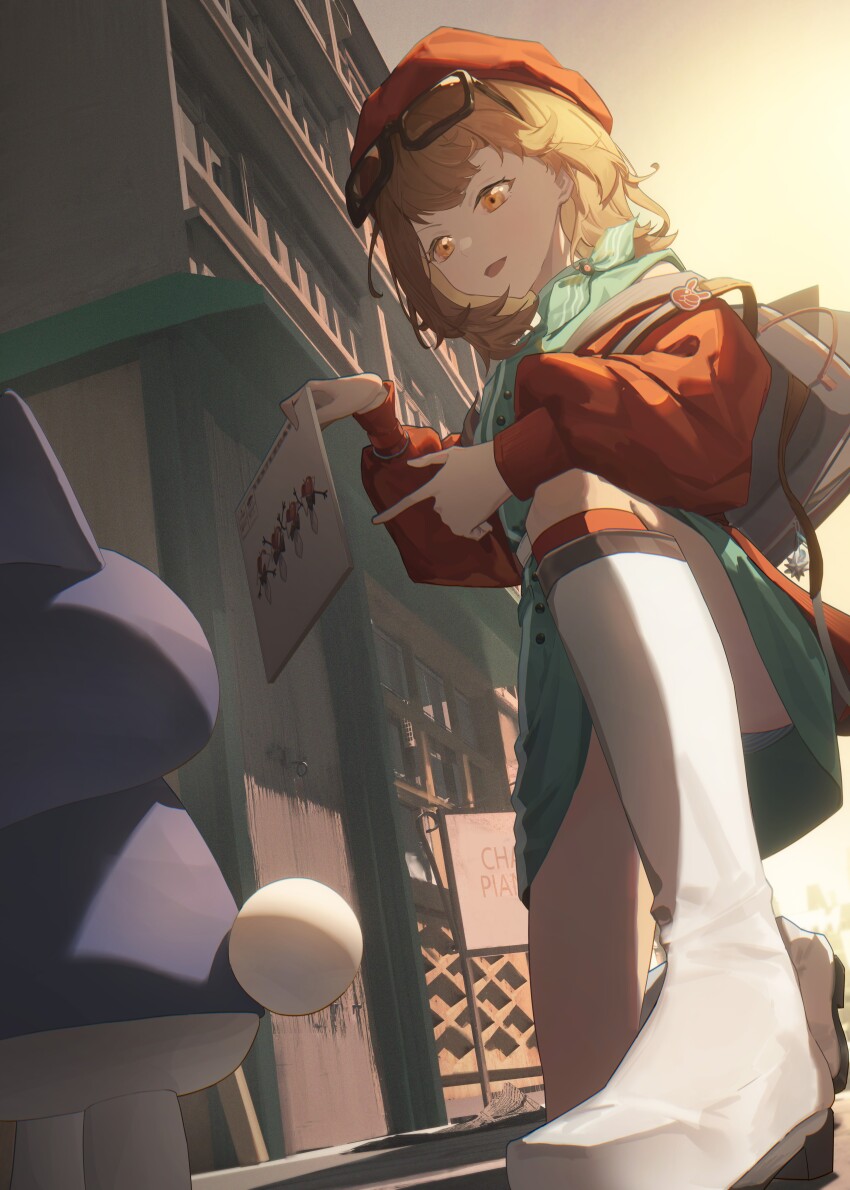 1girl :d absurdres apple_(reverse:1999) aqua_dress aqua_neckerchief backpack bag beret boots brown_hair building cat dress evening eyewear_on_head felyne from_below full_body hat help! highres holding_record_jacket jacket knee_boots long_sleeves looking_at_another monster_hunter_(series) monster_hunter_rise neckerchief on_one_knee open_mouth orange_eyes outdoors panties pantyshot pointing puffy_long_sleeves puffy_sleeves record_jacket red_hat red_jacket red_socks regulus_(reverse:1999) reverse:1999 short_hair sidelighting sleeveless sleeveless_dress smile socks solo striped_clothes striped_panties sunglasses the_beatles underwear white_boots youxing