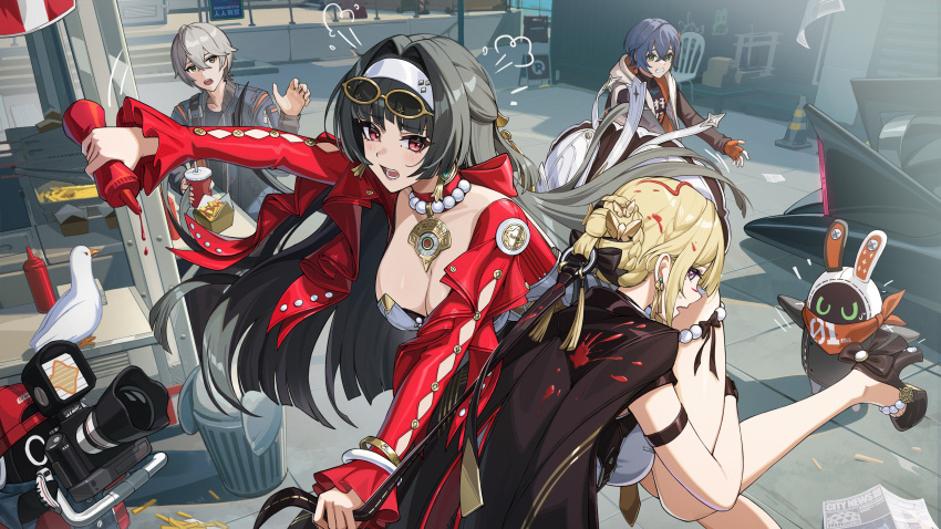 1boy 3girls absurdres astra_yao backwards_hat bangboo_(zenless_zone_zero) baseball_cap belle_(zenless_zone_zero) bird black_gloves black_hair black_jacket black_shirt black_shoes blonde_hair blue_hair blue_jacket blue_shirt bottle breasts camera cleavage collarbone commentary_request crossed_bangs dress earrings eous_(zenless_zone_zero) evelyn_chevalier eyewear_on_head fingerless_gloves gloves green_eyes grey_eyes grey_hair hair_between_eyes hair_intakes hairband hat high_heels highres holding holding_bottle holding_camera jacket jacket_on_shoulders jewelry ketchup_bottle large_breasts lifting_person mole mole_under_eye multiple_girls necklace open_clothes orange_gloves outdoors pigeon purple_eyes red_eyes red_hat red_shrug red_vest rx-c shirt shoes sleeveless sleeveless_jacket snap_(zenless_zone_zero) sunglasses t-shirt trash_can turtleneck turtleneck_shirt vest video_camera white_dress white_hairband white_shirt wise_(zenless_zone_zero) zenless_zone_zero
