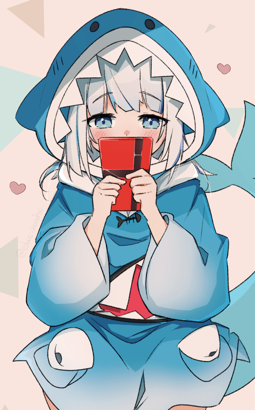 1girl absurdres animal_hood blue_eyes blue_hair blue_hoodie blush box commentary covering_own_mouth cowboy_shot ee-zy embarrassed english_commentary fins fish_tail gawr_gura gift heart highres holding holding_box holding_gift hololive hololive_english hood hoodie long_sleeves multicolored_hair shark_hood shark_tail solo streaked_hair tail twitter_username valentine virtual_youtuber white_hair wide_sleeves