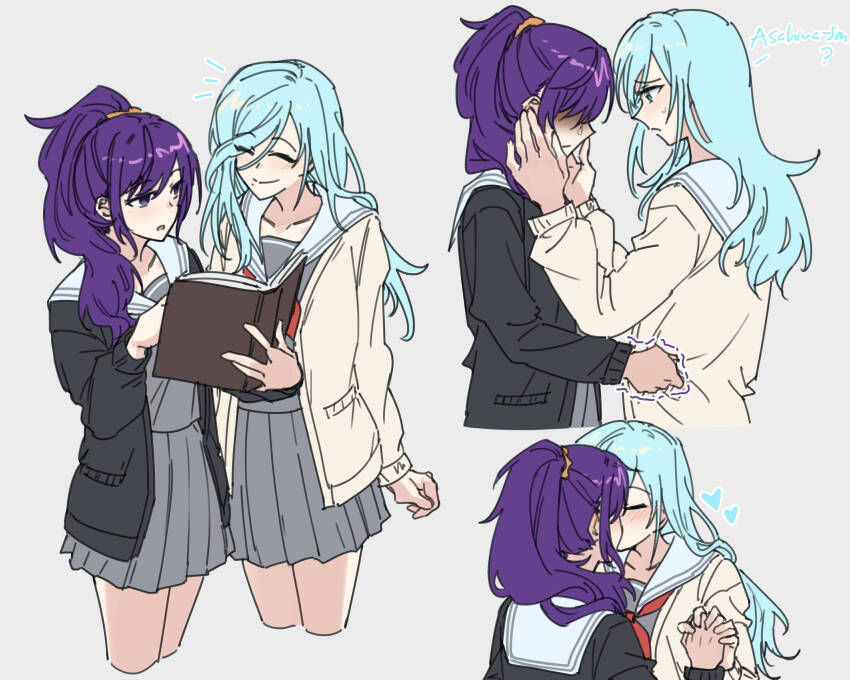 2girls absurdres asahina_mafuyu black_cardigan blue_hair blush cardigan closed_eyes closed_mouth commentary dumd english_commentary grey_shirt grey_skirt heart highres hinomori_shizuku holding_hands interlocked_fingers kiss long_hair mole mole_under_mouth multiple_girls pleated_skirt ponytail project_sekai purple_eyes purple_hair sailor_collar shirt skirt smile trembling white_sailor_collar yellow_cardigan yuri