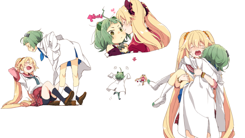 2girls ahoge blonde_hair blush breast_pocket brown_footwear carrying carrying_person closed_eyes closed_mouth coat crying fleeing full_body ganeshia green_eyes green_hair hair_ornament hands_on_own_hips kamihama_university_affiliated_school_uniform kisaki_emiri kiss kissing_cheek lab_coat loafers long_hair magia_record:_mahou_shoujo_madoka_magica_gaiden magical_girl mahou_shoujo_madoka_magica minaminagi_liberty_academy_school_uniform miyako_hinano multiple_girls multiple_views neck_ribbon open_mouth plaid_clothes plaid_skirt pleated_skirt pocket red_sailor_collar red_skirt ribbon running sailor_collar school_uniform serafuku shirt shoes short_hair simple_background sitting skirt smile thighhighs twintails very_long_hair white_background white_coat white_shirt yuri