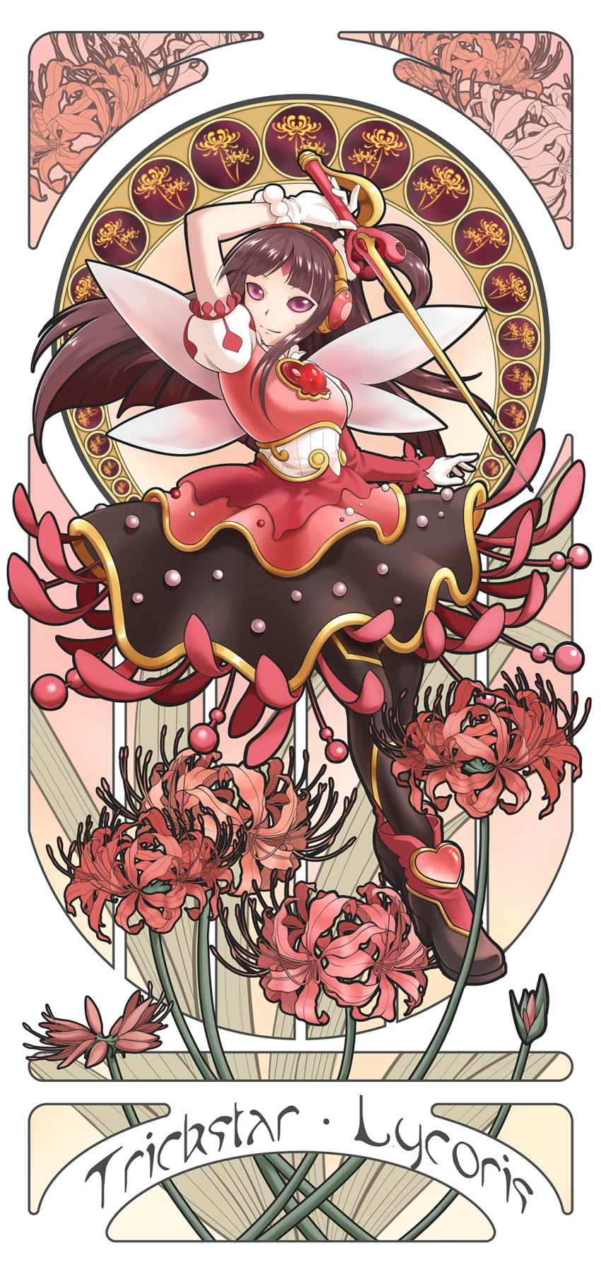 1girl arm_up art_nouveau black_hair boots breasts character_name closed_mouth dress duel_monster facial_mark fairy_wings flower forehead_mark gloves headphones highres holding holding_sword holding_weapon idol idol_clothes long_hair medium_breasts pink_dress pink_eyes puffy_short_sleeves puffy_sleeves rapier red_flower short_sleeves smile solo sword trickstar_lycoris weapon white_gloves wings xix06 yu-gi-oh!