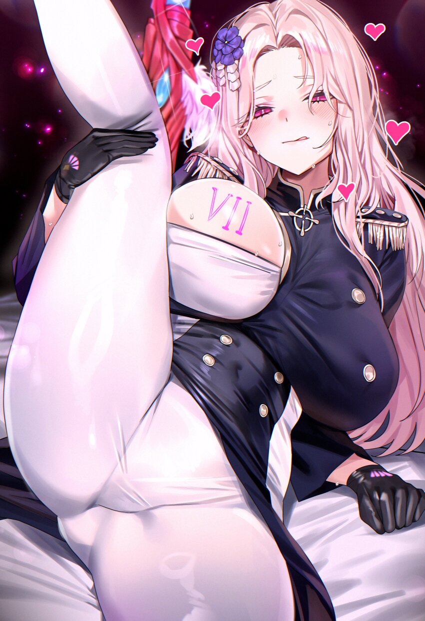 1girl :q absurdres aiguillette bed_sheet black_jacket blonde_hair blush breast_cutout breast_tattoo breasts brown_dust_(series) brown_dust_2 commentary covered_navel darian_silverstein flower hair_flower hair_intakes hair_ornament highres jacket joacy large_breasts leg_lift long_hair long_sleeves looking_at_viewer naughty_face on_bed pants pink_eyes roman_numeral smile solo sweat symbol-only_commentary tattoo thick_thighs thighs tongue tongue_out white_pants