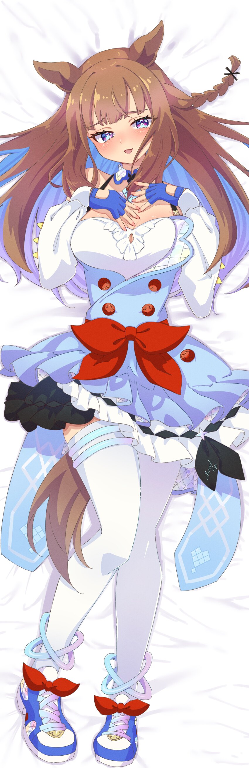1girl absurdres almond_eye_(umamusume) bed blue_eyes blush braid breasts brown_hair cleavage collarbone commentary_request commission dakimakura_(medium) fingerless_gloves fingernails gloves hair_between_eyes hair_ornament highres horse_girl long_hair looking_at_viewer medium_breasts ren-smk39110 shoes skeb_commission thighhighs umamusume white_background