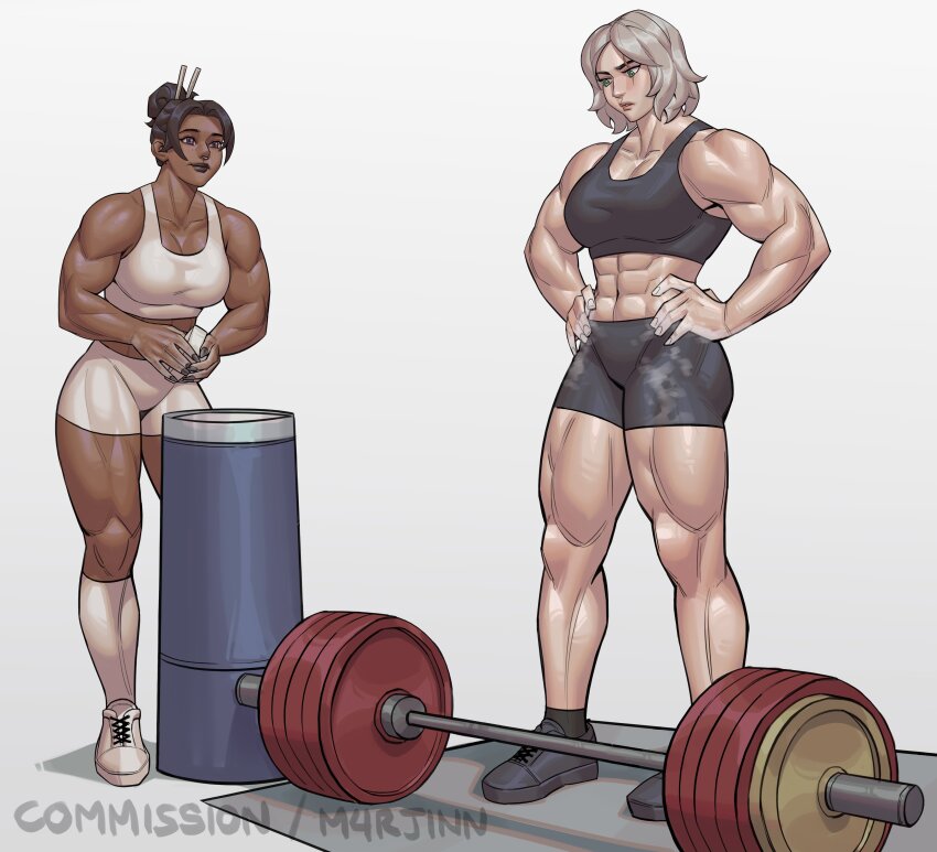 2girls abs absurdres barbell black_lips dark_skin exercising face_piercing green_eyes gym hand_on_own_hip highres m4rjinn multiple_girls muscular muscular_female nose_piercing nose_ring original piercing powder purple_eyes shoes short_hair sneakers white_hair