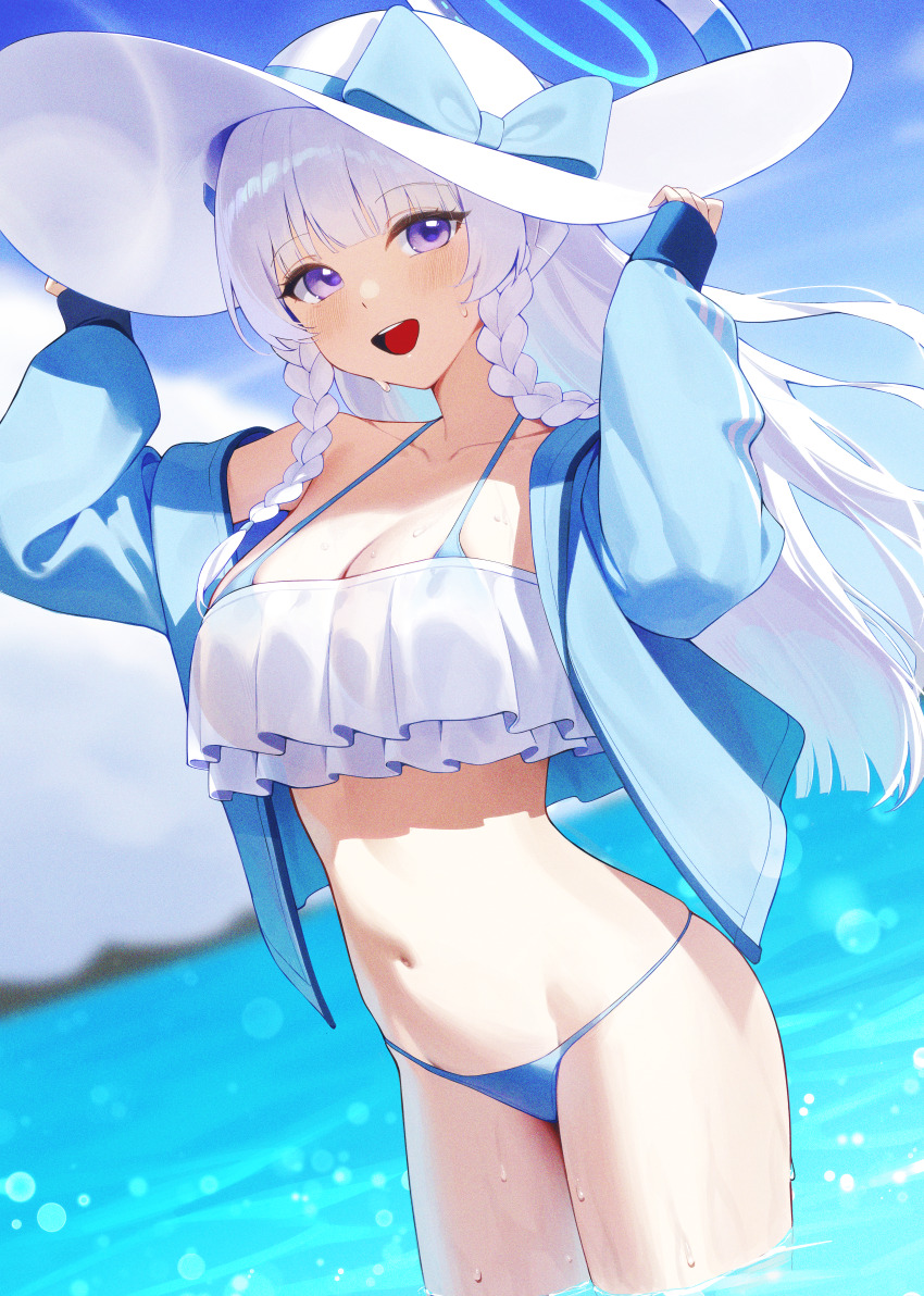 1girl absurdres alternate_costume alternate_hairstyle bare_shoulders bikini blue_archive blue_bikini blue_jacket braid breasts cleavage collarbone commentary_request crop_top crop_top_overhang day halo halterneck hands_on_headwear hands_up hat highres jacket large_breasts long_hair long_sleeves looking_at_viewer navel no_pants noa_(blue_archive) off_shoulder open_clothes open_jacket open_mouth outdoors sbgu smile solo standing stomach string_bikini sun_hat swimsuit thighs twin_braids wading water wet white_hat