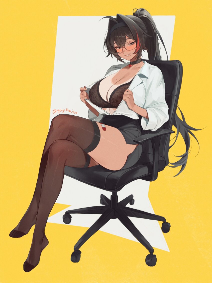 1girl bay_(nikke) black_bra black_hair black_hairband black_skirt black_thighhighs blush bra breasts chair cleavage crossed_legs feet glasses goddess_of_victory:_nikke grey_eyes hairband highres large_breasts looking_at_viewer multicolored_hair naughty_face office_chair on_chair open_clothes open_shirt opened_by_self ponytail shirt sitting skirt solo streaked_hair swivel_chair tan tanline thighhighs toes underwear white_shirt yayo_the_jowen