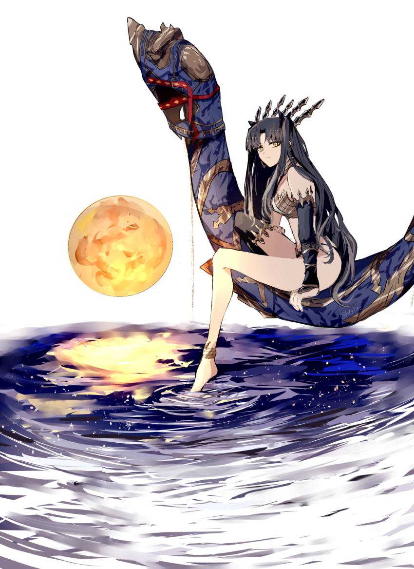 1girl bare_legs bare_shoulders barefoot black_hair black_ribbon earrings elbow_gloves fate/grand_order fate_(series) foot_dangle gloves gold_trim highres hoop_earrings ishtar_(fate) jewelry long_hair looking_at_viewer moon parted_bangs reflection ribbon single_elbow_glove single_thighhigh sitting soaking_feet sodamachi solo thighhighs tiara twitter_username two_side_up very_long_hair water waves white_background yellow_eyes