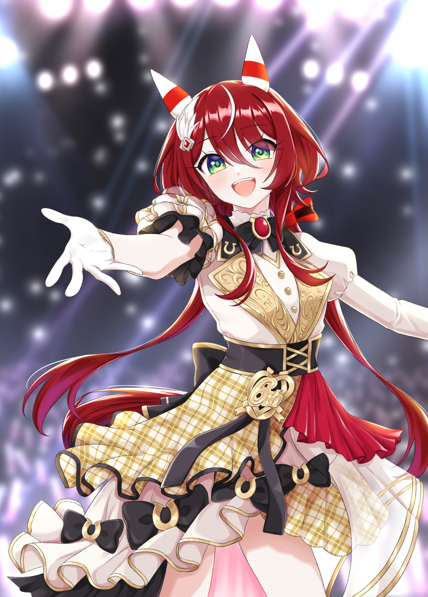 1girl absurdres alternate_costume animal_ears blurry blurry_background breasts commentary_request gloves green_eyes hair_between_eyes hair_ornament highres horse_ears horse_girl horse_tail kanameyuzuriha long_hair low_twintails reaching reaching_towards_viewer ribbon solo stage tail twintails umamusume win_variation_(umamusume)