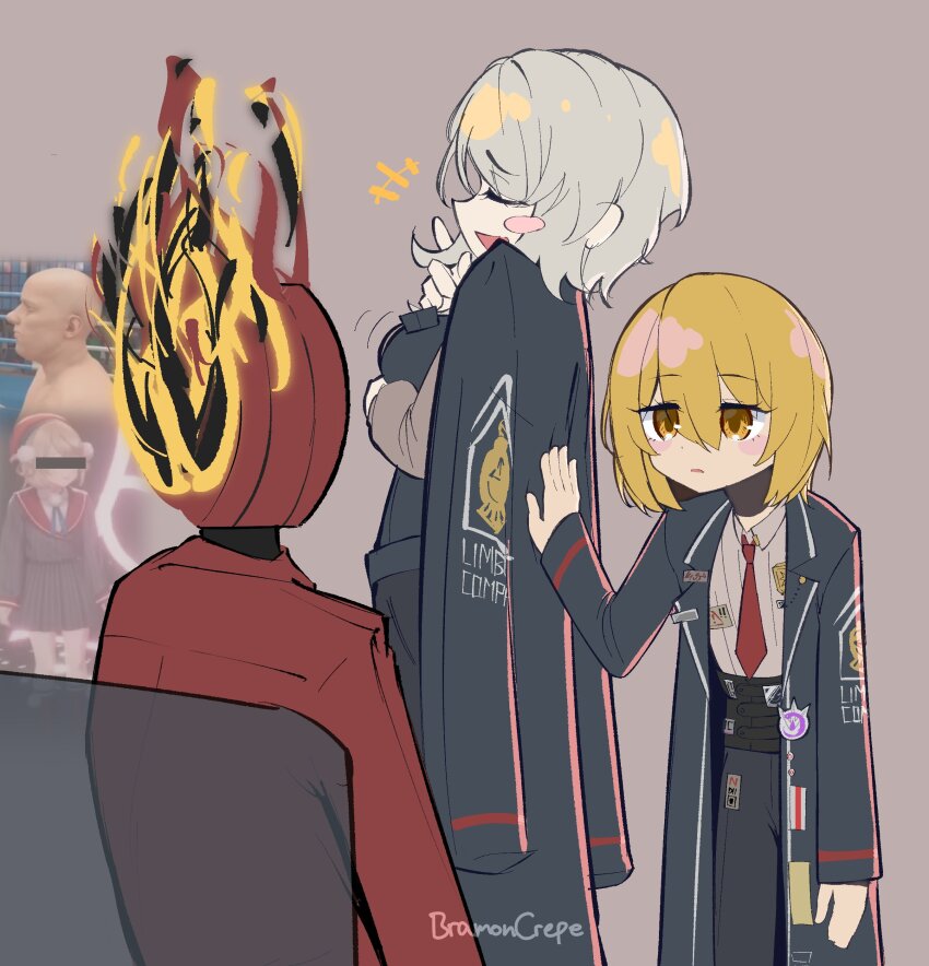 +++ 1other 2girls absurdres black_coat black_pants blonde_hair blush_stickers bramoncrepe clock closed_eyes coat coat_on_shoulders collared_shirt commentary dante_(limbus_company) don_quixote_(project_moon) dot_nose english_commentary faust_(project_moon) fire grey_hair hair_between_eyes highres hunched_over indie_virtual_youtuber limbus_company long_sleeves looking_at_another multiple_girls necktie object_head open_mouth pants parted_lips project_moon pushing_away red_coat red_necktie shigure_ui_(vtuber) shirt short_hair simple_background smile sweater vest white_shirt yellow_eyes