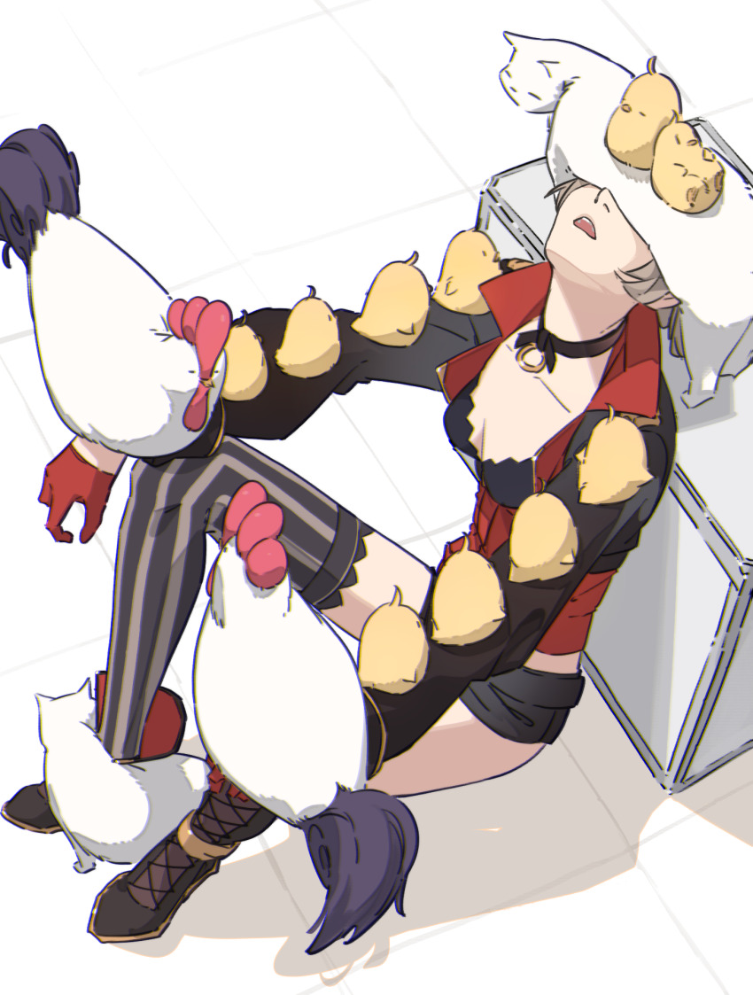 1girl animal animal_on_head animal_on_shoulder asymmetrical_footwear azur_lane baby_animal bird black_choker black_jacket black_shorts boots breasts chick choker cleavage collarbone gloves half_gloves hatski.sin highres jacket jean_bart_(azur_lane) leaning_back long_sleeves manjuu_(azur_lane) on_head open_mouth red_gloves short_hair short_shorts shorts sitting small_breasts solo striped_clothes striped_thighhighs thighhighs vertical-striped_clothes vertical-striped_thighhighs