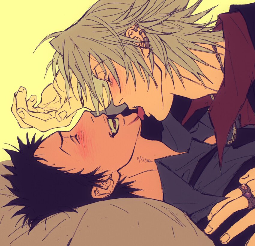 2boys adam&#039;s_apple arm_up black_hair blue_shirt blush closed_eyes collared_shirt commentary_request ear_piercing earrings gokudera_hayato grey_hair hand_on_another&#039;s_shoulder highres jewelry katekyo_hitman_reborn! lying male_focus multiple_boys multiple_rings on_back open_collar open_mouth piercing red_shirt ring scar scar_on_chin scar_on_face shirt short_hair simple_background teeth tongue tongue_out umkaqryi wing_collar yamamoto_takeshi yaoi yellow_background