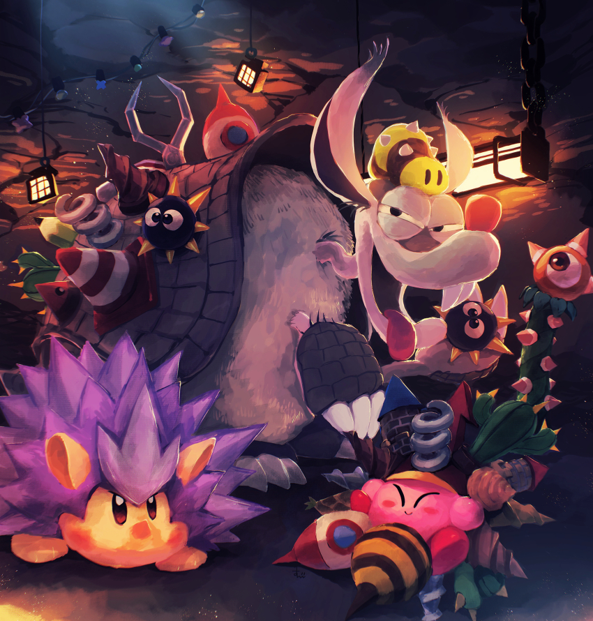 absurdres armadillo cactus cave character_request closed_eyes closed_mouth copy_ability creature dark drill fangs gordo half-closed_eyes hedgehog highres jabhog kirby kirby_(series) kirby_and_the_forgotten_land monster mouse_(animal) needle_kirby needlous nintendo one-eyed open_mouth rocket sillydillo smile spring_(object) suyasuyabi tongue totenga traffic_cone