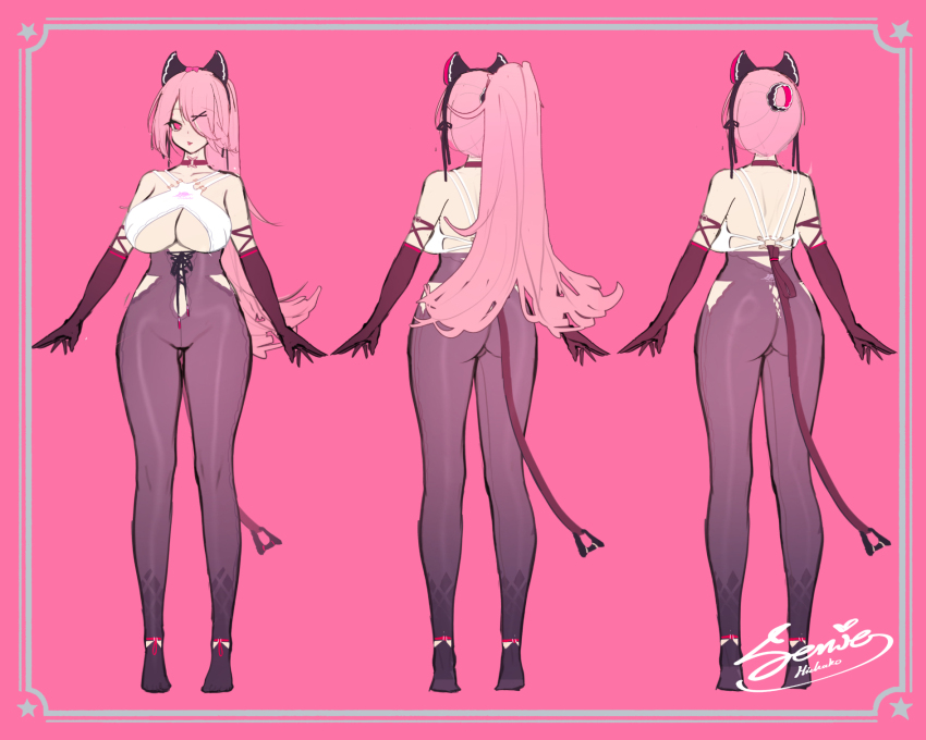 1girl ass bare_shoulders breasts brown_pantyhose concept_art crosscore dk.senie elbow_gloves full_body gloves highres large_breasts long_hair multiple_views pantyhose pink_background very_long_hair