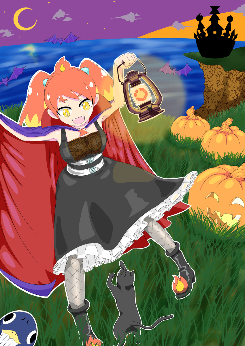 1girl :d absurdres alternate_costume arm_up belt black_dress blonde_hair boots bright_pupils cape castle cat cliff cloak commentary_request crescent_moon dress fangs fishnet_pantyhose fishnets frilled_dress frills grass grey_pantyhose gyari_(bird) halloween hand_up highres hikasa_tomoshika holding holding_lantern horizon jack-o&#039;-lantern lantern looking_down matsuta6 moon multicolored_hair night ocean open_mouth pantyhose purple_sky red_hair sky smile twintails two-tone_hair virtual_youtuber voms white_pupils yellow_eyes