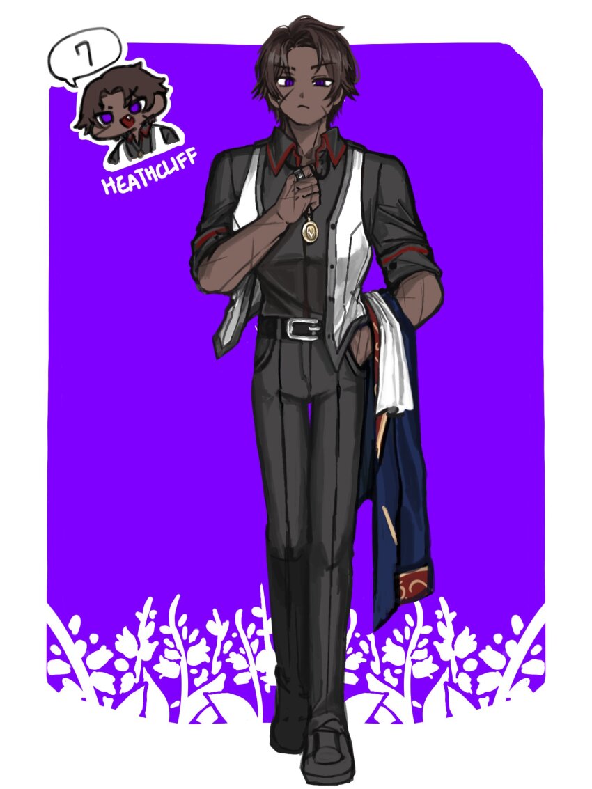 1boy alternate_costume black_pants black_shirt black_shoes blue_jacket border brown_hair character_name collared_shirt dark-skinned_male dark_skin full_body heathcliff_(project_moon) highres holding holding_jacket holding_unworn_clothes jacket jewelry limbus_company long_sleeves looking_at_viewer male_focus necklace nra_3614 open_clothes open_vest pants project_moon purple_background purple_eyes scar shirt shoes short_hair simple_background solo standing unworn_jacket vest white_border white_vest