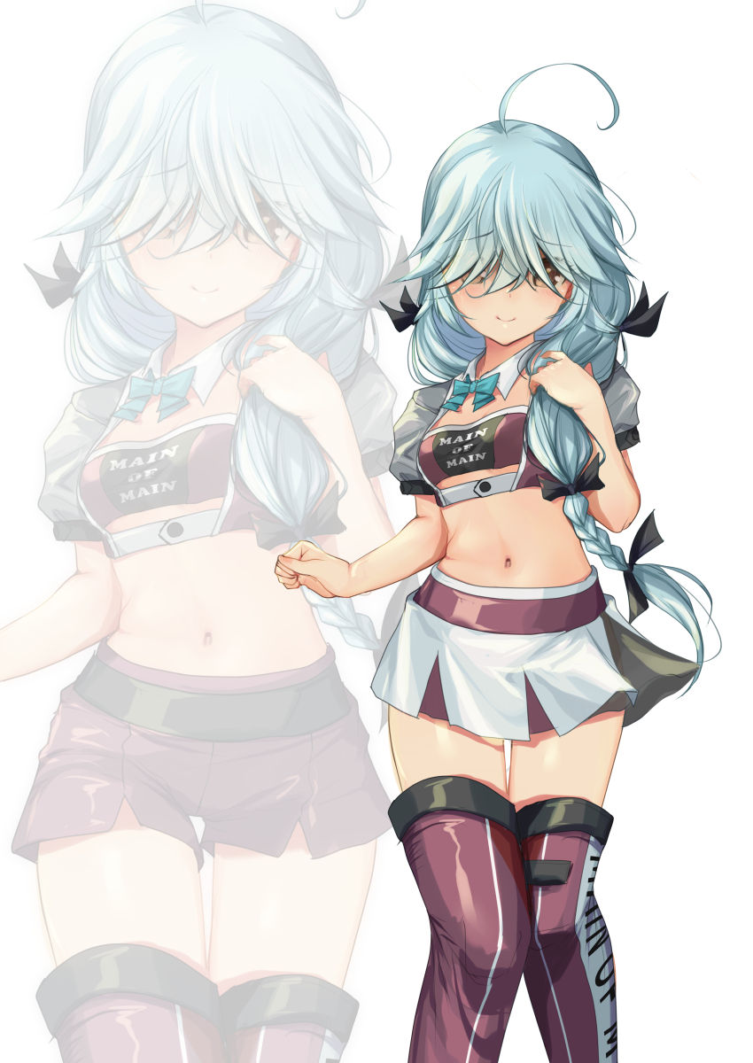 1girl absurdres ahoge aqua_bow aqua_bowtie bandeau bow bowtie braid brown_eyes clothes_writing contrapposto cowboy_shot cropped_jacket detached_collar grey_hair hair_over_eyes hair_ribbon hamanami_(kancolle) highres jacket kantai_collection long_hair looking_at_viewer medium_hair midriff multiple_views navel pleated_skirt purple_bandeau purple_shorts purple_thighhighs race_queen ribbon shorts single_braid skirt standing thighhighs v white_background white_jacket white_ribbon white_skirt yashin_(yasinz) zoom_layer