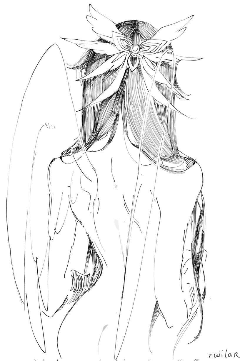 1girl ass bare_back black_hair columbina_(genshin_impact) feathered_wings from_behind genshin_impact greyscale head_wings highres long_hair monochrome nude nuiilar signature solo wings